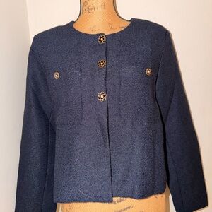 Cropped Navy Bouclé Blazer with Decorative Gold Flower Buttons